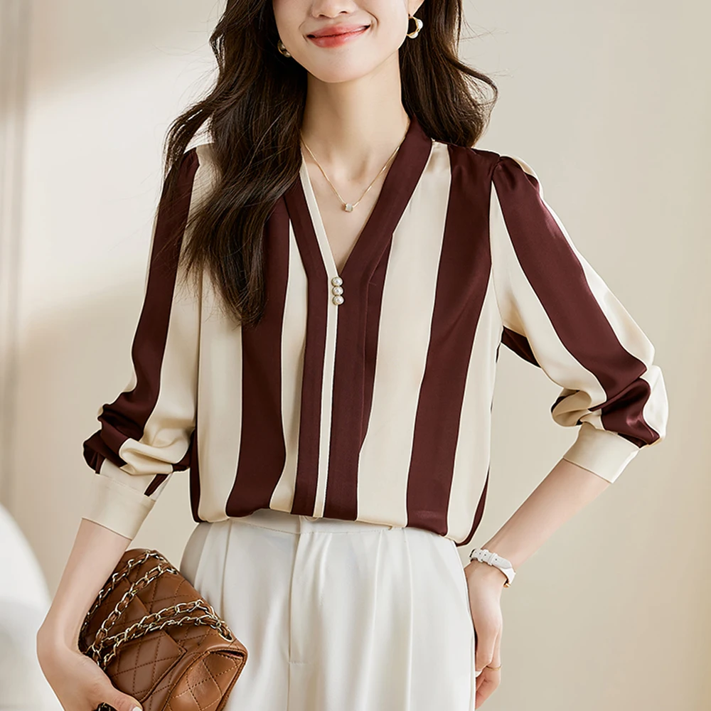 

Women's Striped Satin Blouses Long Sleeves Office Lady Elegant Formal Shirts Korean Fashion Tops Blusas Mujer 2025
