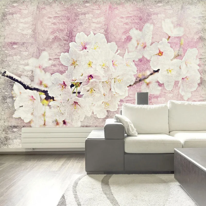 Custom 3D Cherry Blossom Flower Wall Mural Hand Painted Oil Painting Wallpaper for Living Room Bedroom TV Sofa Background Decor