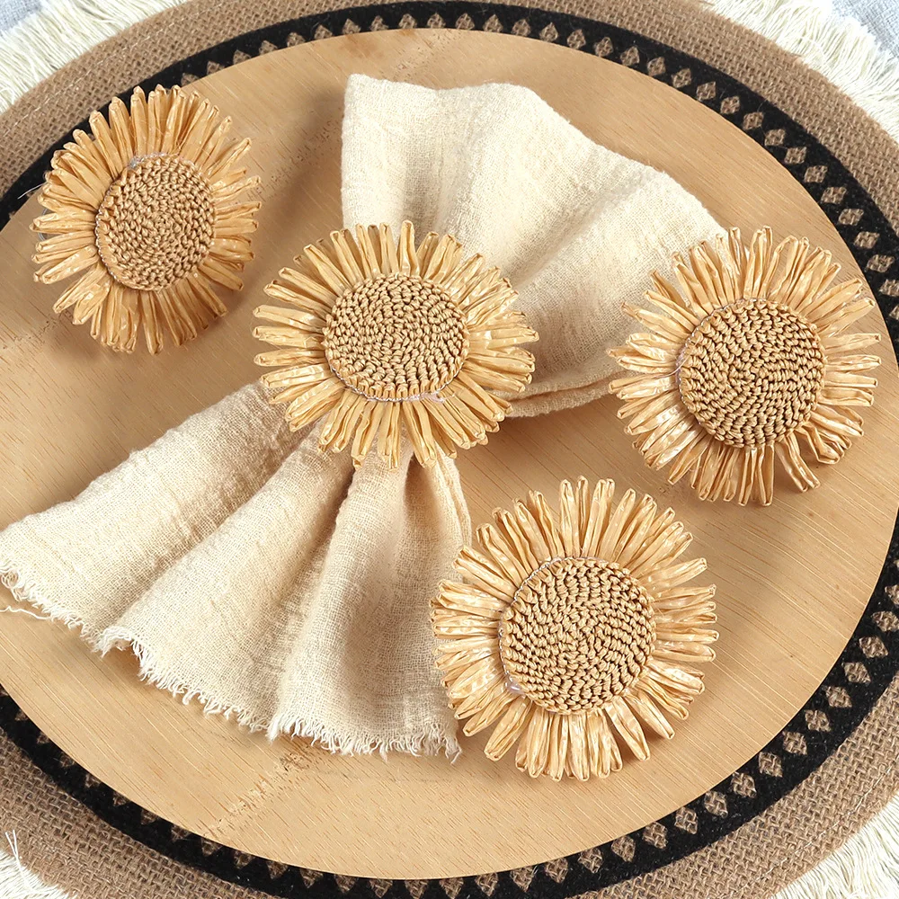 Creative Raffia Woven Sunflower Napkin Ring Hotel Banquet Table Setting Napkin Holder for Party Decor and Celebrations