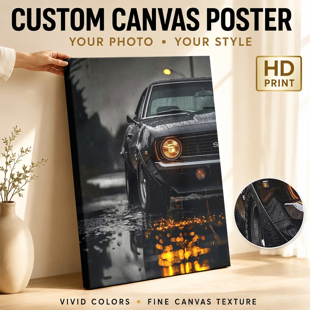Close up Classic Camaro SS 69 in the Rain Framed Canvas Print Poster Custom Modern Aesthetic Canvas Wall Art for Bedroom Decor