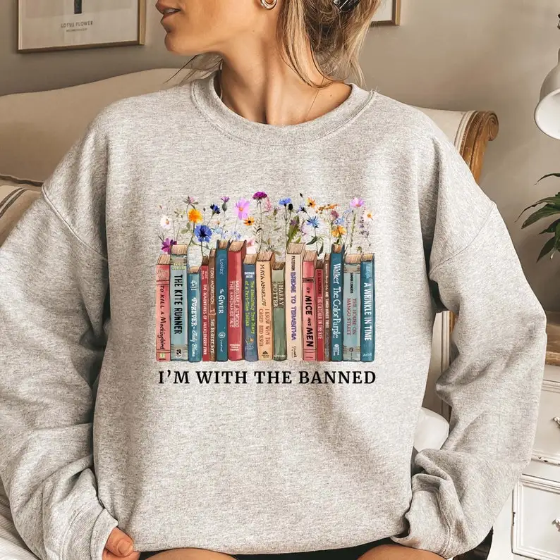 سويت شيرت I'm with The Banned Books، هدية لمحبي القراءة لمحبي المكتبة، سترة مدرس القراءة، سترة بغطاء للرأس على شكل كتاب زهري، رجل وامرأة