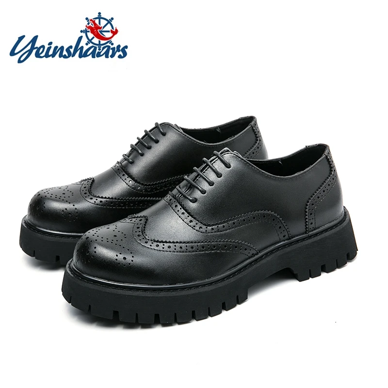 Luxury Men Lace Up High Heel Shoes Black Leather Chunky Brogues Heighten Retro Platform Oxfords for Man Height Increasing Shoes