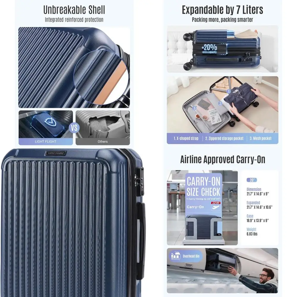 

20 Airline Approved Expandable Hardshell Luggage with TSA Lock, 22x14x9, Dark Blue