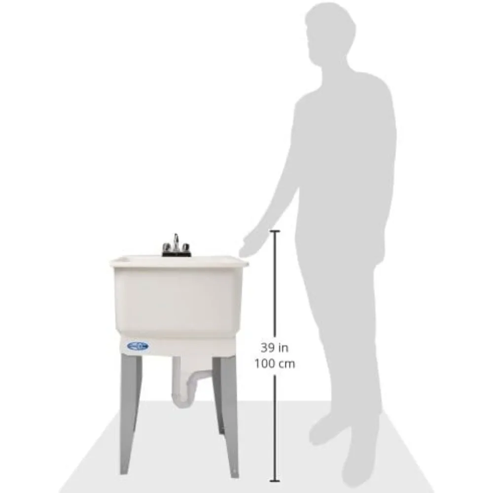 حوض أدوات قائم بذاته من مادة البولي بروبيلين مع استنزاف وصنبور، أبيض، مقاس واحد، مثالي للاستخدام المنزلي والتجاري