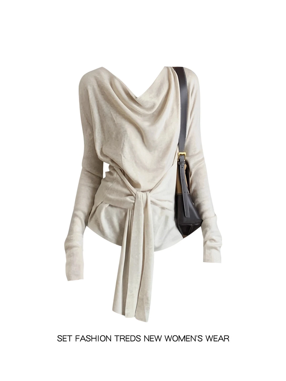 Fashionable Long Sleeve Knitted Base Shirt Women's Spring Autumn Stylish Versatile Belted Necktie Spicy Girl Style Top