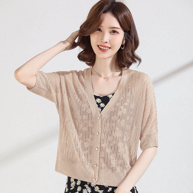 

Women's Hollow Out Cardigan Summer Mulberry Silk Knitwear Lady Single Breasted Knit Coat Short Transparent Sun Protection Shirt