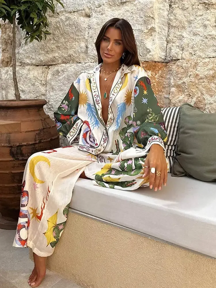 Loose Lapel Printed Blouse Pants Set Women Long Sleeves Shirts High Waist Wide Leg Pants Suit 2024 Summer Beach Holiday Outfits