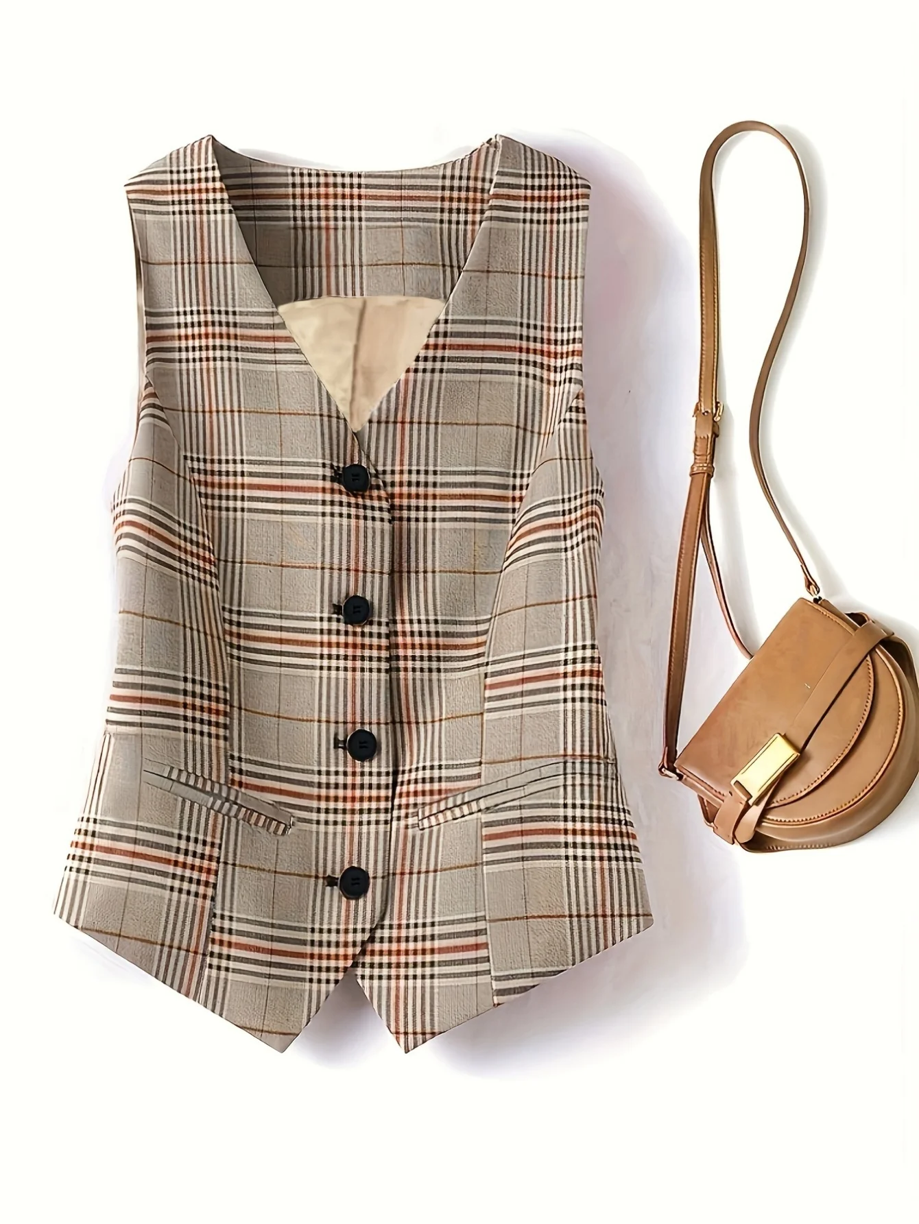 Ladies' Commuting V-neck Checkered Vest, Office Professional Slim-fit Suit, Waistcoat, Elegant and Versatile, Layering Outerwear