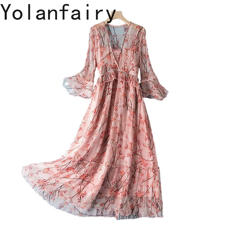 

YOLANFAIRY 100%Real Mulberry Silk Dress for Woman Summer Vintage Printed Dresses V-neck Flare Sleeves Elegant Beach Dress V-neck