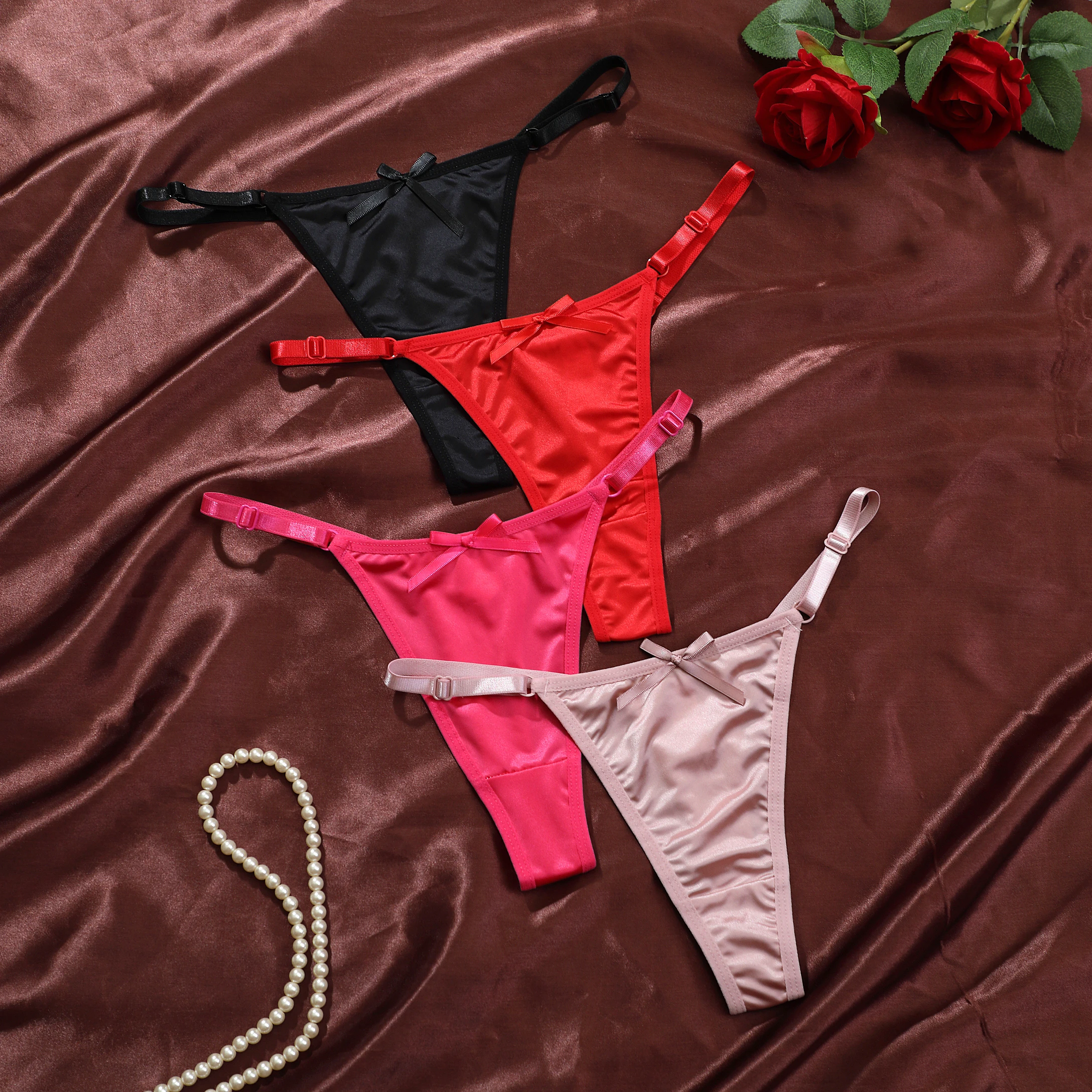 Damen-String aus glänzendem Satin-Seide mit verstellbarem Gürtel, super bequem, mit Riemchen für niedrige Taille, sexy Schmetterlingsknoten.