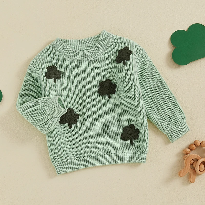 Infant Knit Sweaters with Long Sleeves and Crew Neck featuring Clover Embroidery Detailing - Adorable Pullover Tops for Spring