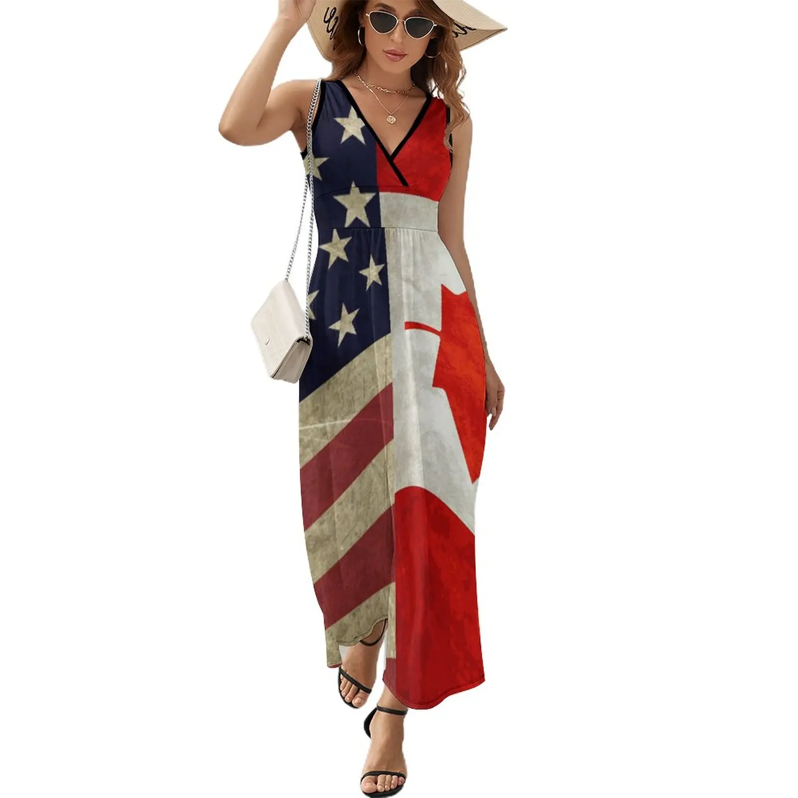 

Usa America CA Canada Flag Dress Aesthetic Bohemia Long Dresses Womens Elegant Printed Maxi Dress Gift Idea