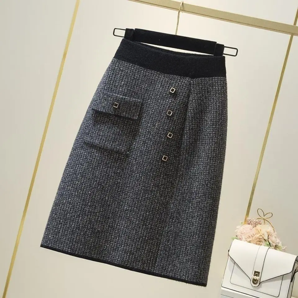 Automne hiver bureau dame simplicité poche taille élastique a-ligne jupe dames Vintage boutons jupe mince femmes vêtements jupes