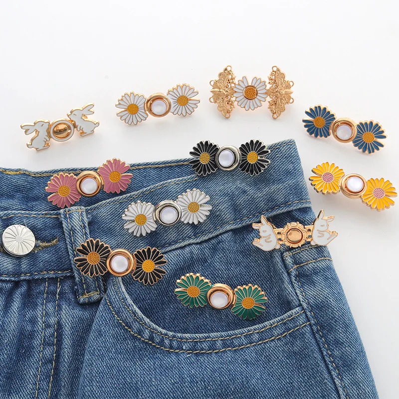 1pair Small Daisy Metal Waist Buckle, Nail‑Free Seam‑Free Waist Tightening Artifact for Jeans Trousers Clothing Waistband Adjust