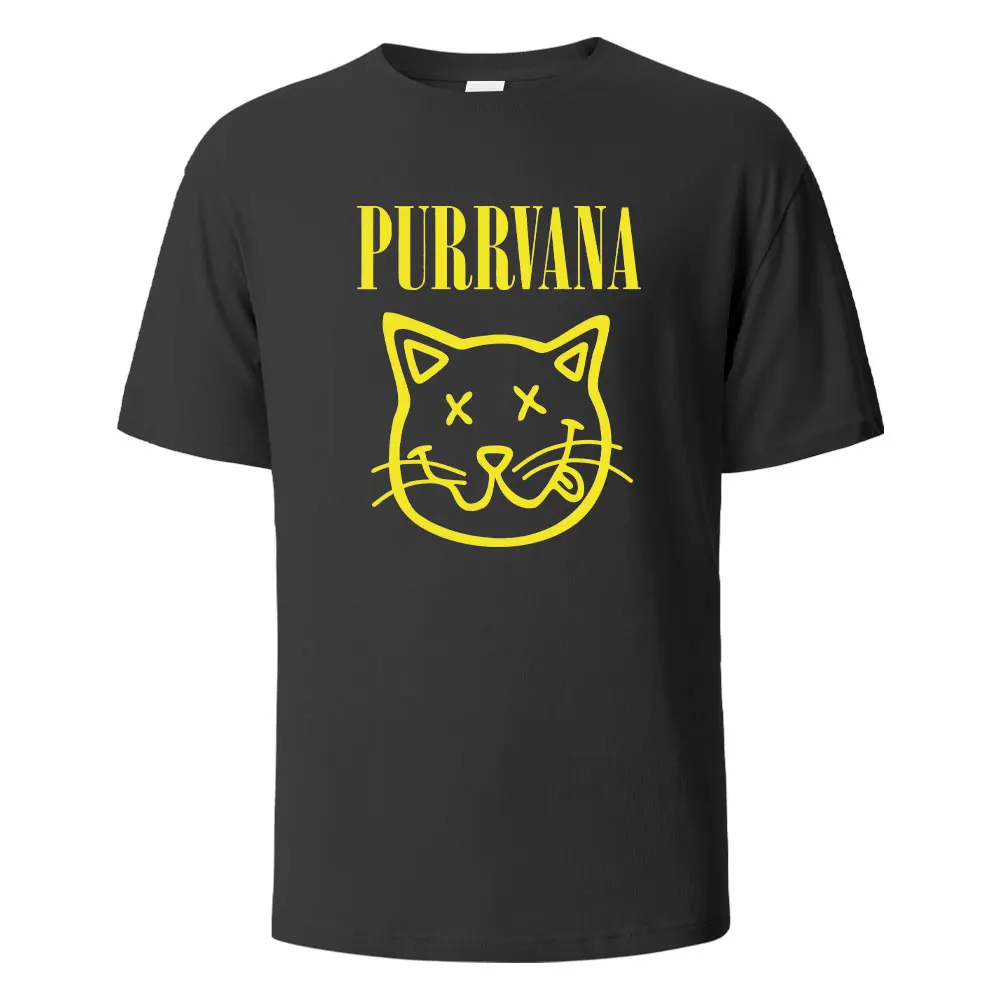 Purrvana Cat Head Print T-Shirt Sommer-T-Shirts für Männer Frauen 100 % Baumwolle O-Ausschnitt Oversize Casual Kurzarm-Tops