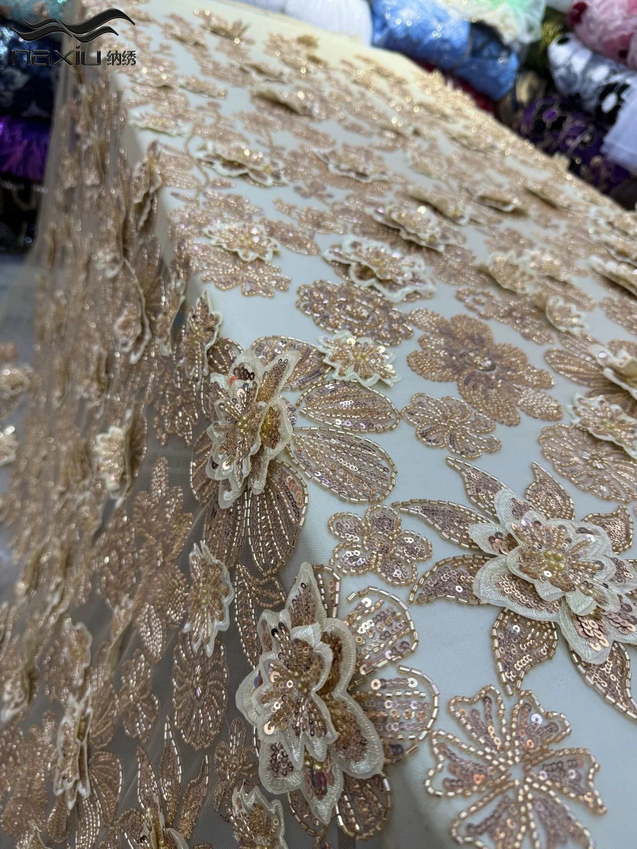 

Madison Latest African Sequins Net Lace Fabric High Quality 3d Flower Embroidery Beaded Fabric 5 Yards for Wedding Party Dress