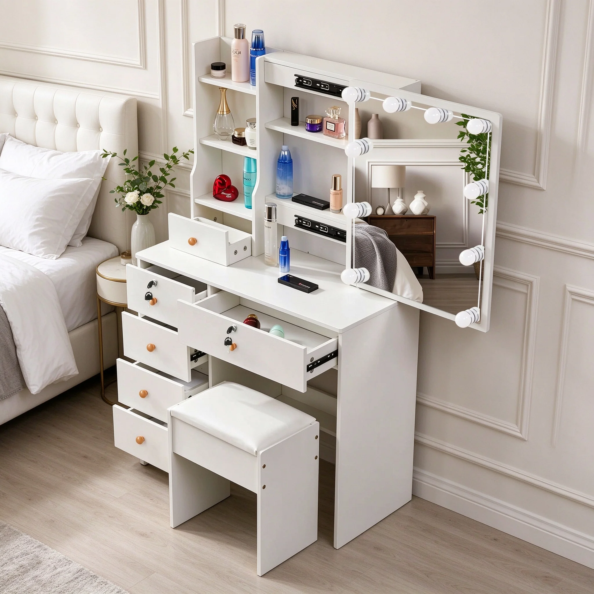 White LED Makeup Vanity Table Set with Sliding Mirror, Multi Drawers with Lock, Open Storage Shelves & Cushioned Stool, Bedroom Dressing Table Cosmetic Desk