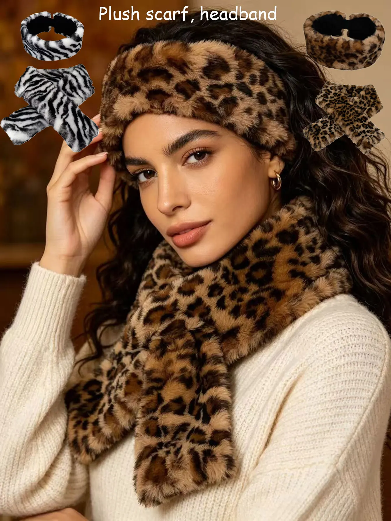2PC/set leopard print anti cold hair scarf two-piece set, autumn and winter thick warm and anti cold ear protection scarf