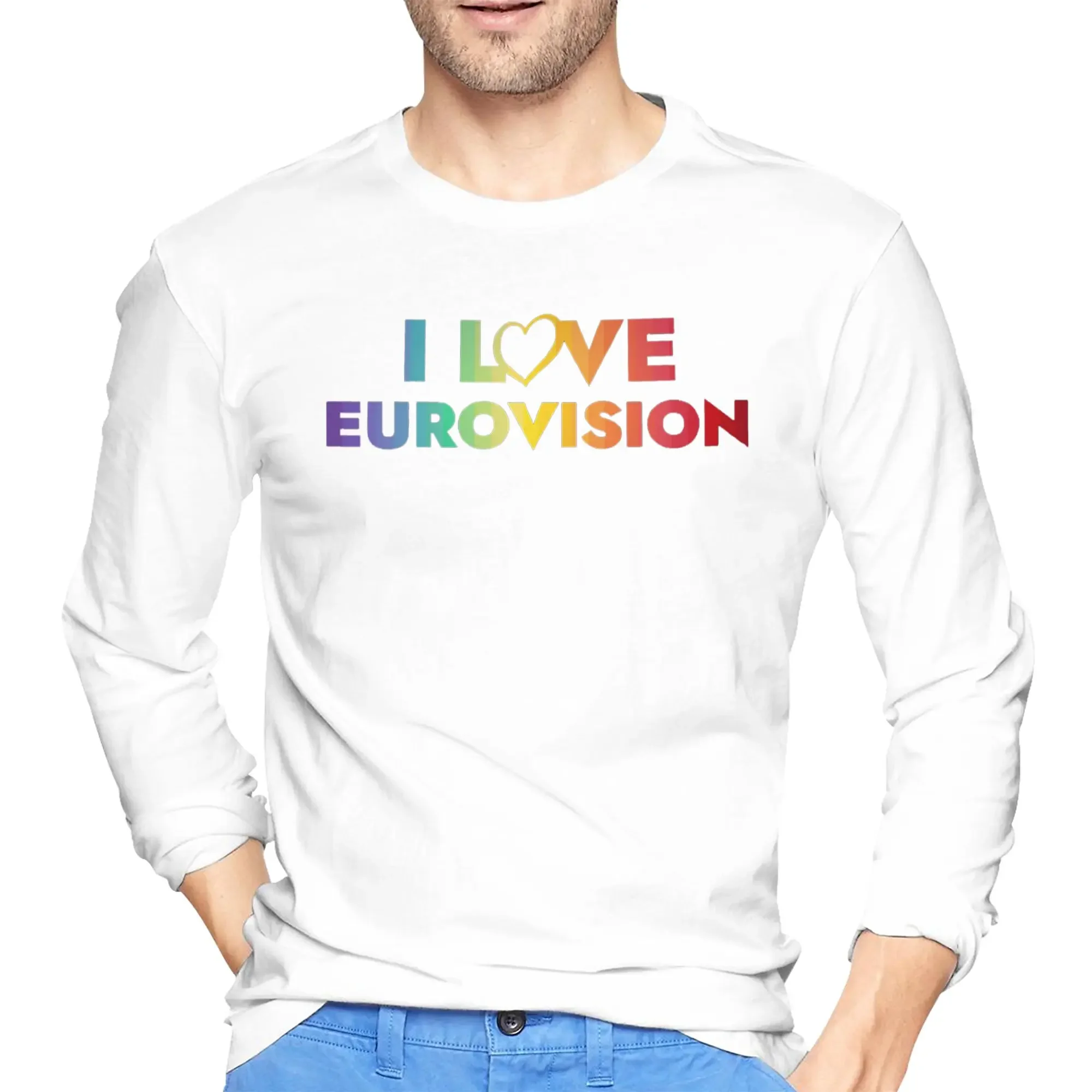 

I love Eurovision - rainbow pattern Men's Long Sleeved T-shirt Breathable Round Neck T shirts Spring and Autumn Men tops