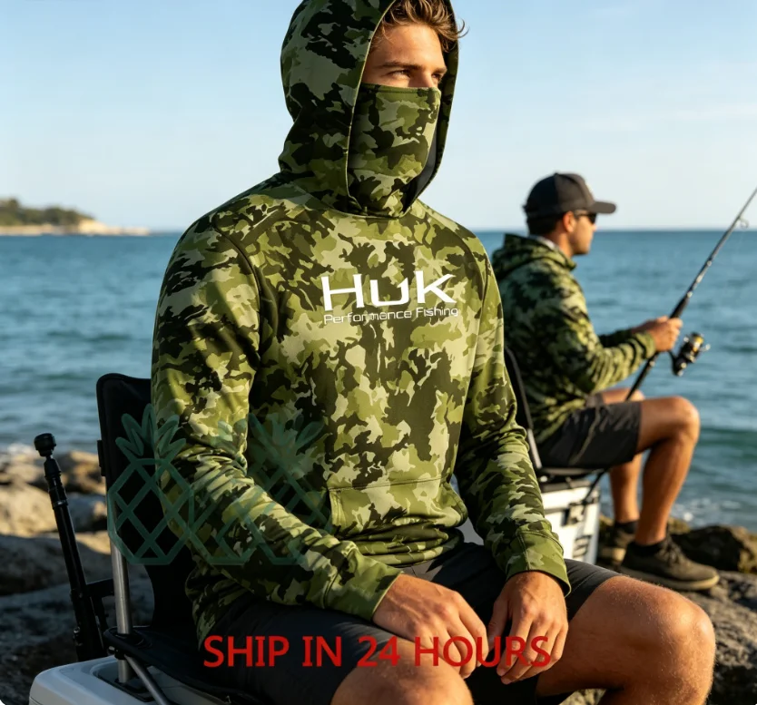 

HUK Fishing Clothing Camouflage Men's Long Sleeve Mask Hooded Fishing Shirts Upf 50+ Uv Protection Performance Fishing Apparel