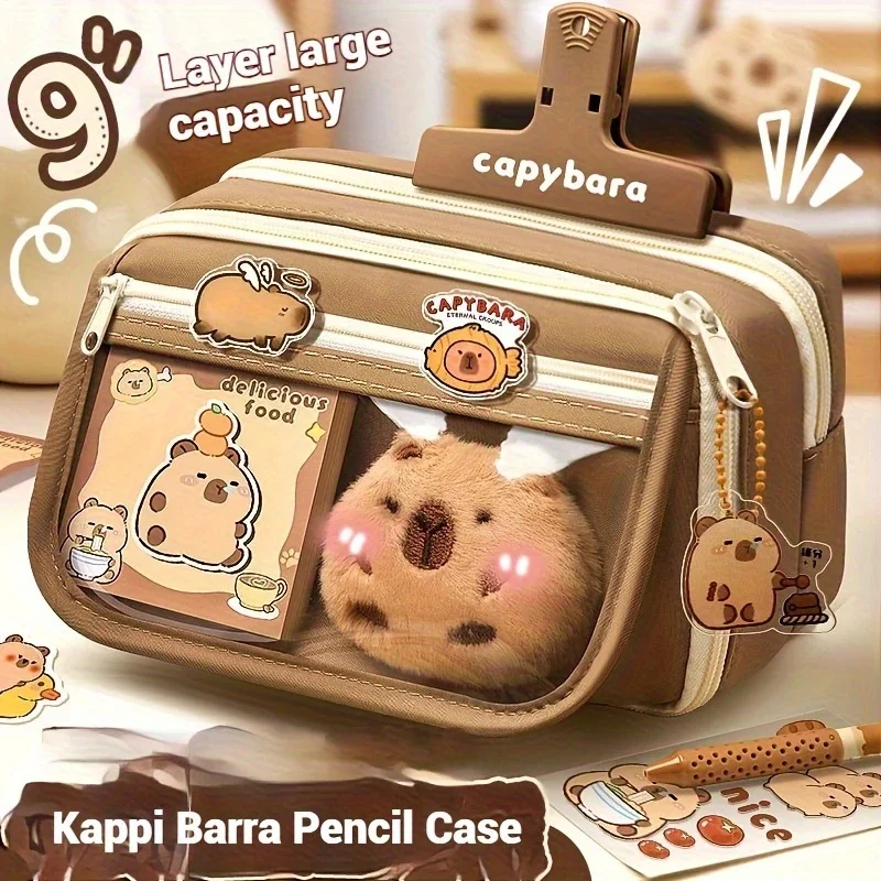 7Pcs Cute Capybara Canvas Pencil Case Set with Doll Stickers Spacious Layered Compartment Zipper Closure Back to School Supplies
