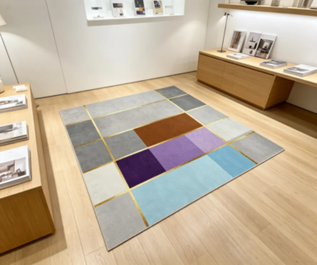 Nordic Morandi Curve Rug, Earth Tone Block Carpet, Gold Line Geometric Rug, Red Brown Fluid Swirl Art Carpet.