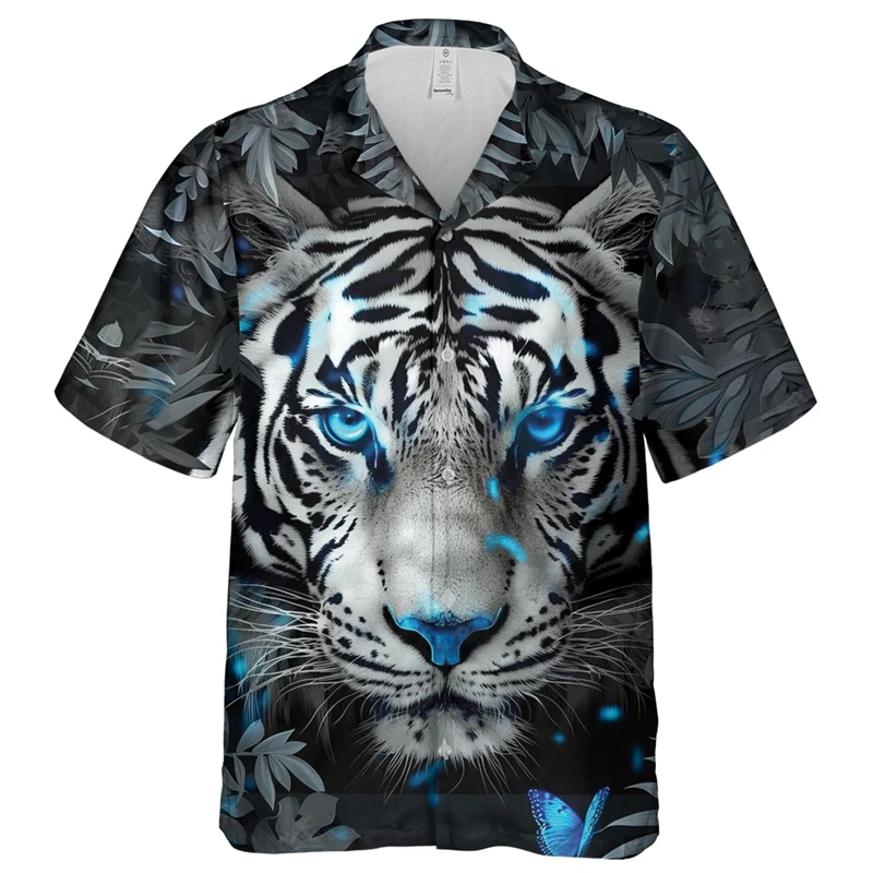 Hawaiian Beach Tiger Graphic Shirts For Men Clothing Funny Animal Surfing 3D Printed Short Sleeve Holiday Party Y2k Tops Blouse