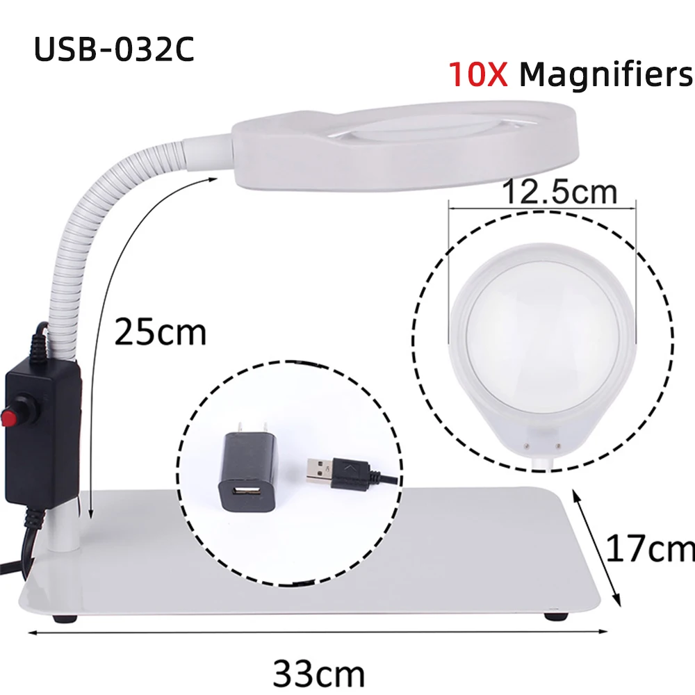 Lupa iluminadora de lente grande 5X 8X 10X, lámpara de lupa de escritorio Flexible, herramientas de reparación con USB, venta al por mayor