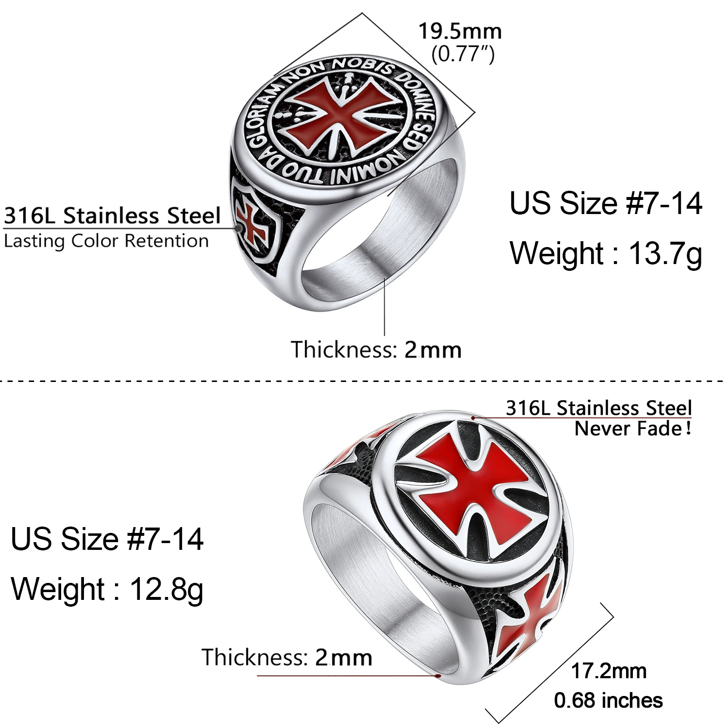 U7 Stainless Steel Round Knight Templar Rings Red Glaze Cross The Temple of Solomo Crusader Cross Man Signet Ring Jewelry Gift