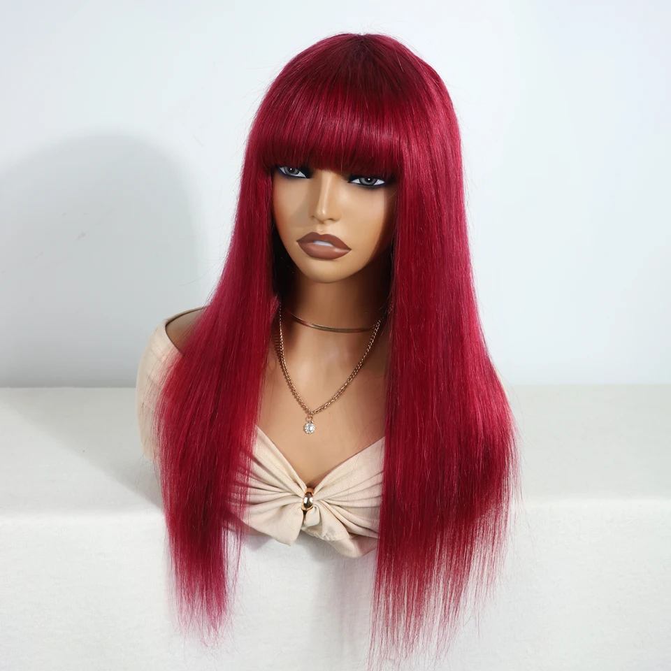 Sleek Burgury Red Staright Wigs With Bangs Human Hair Wig Easy to Go Color Wig Peruvian Straight Human Hair Wigs with Bangs