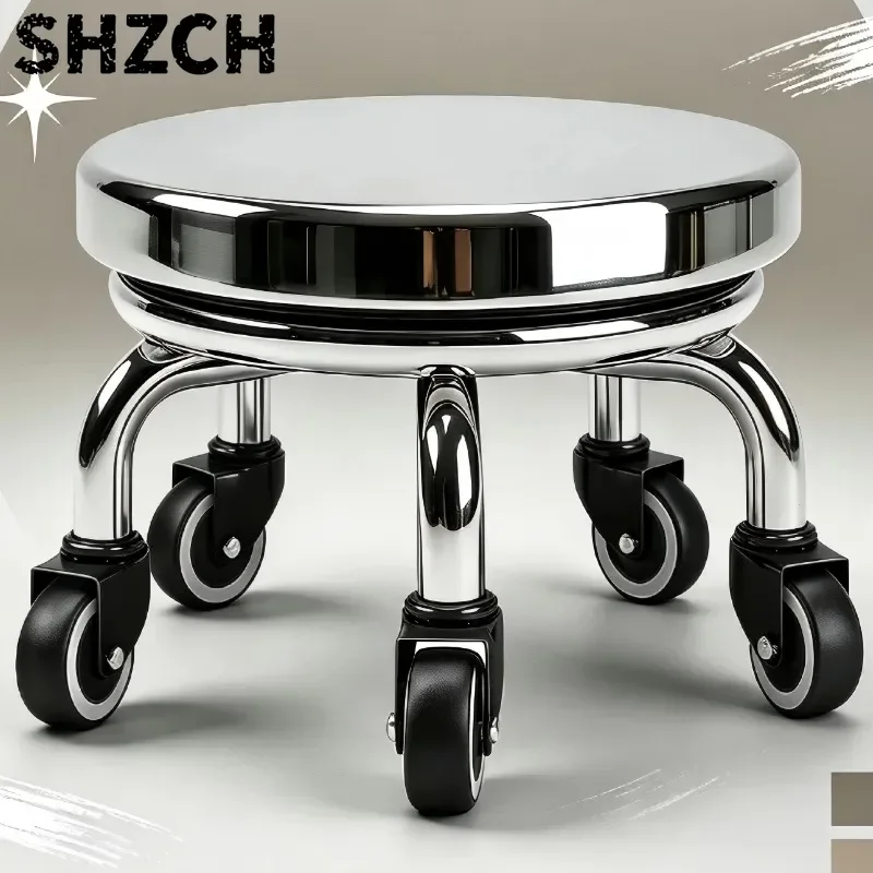 360° Swivel Caster Low Stool, Thick Stainless Steel Rolling Seat,Home Moving Utility Round Stool, Durable Wheeled Workshop Stool