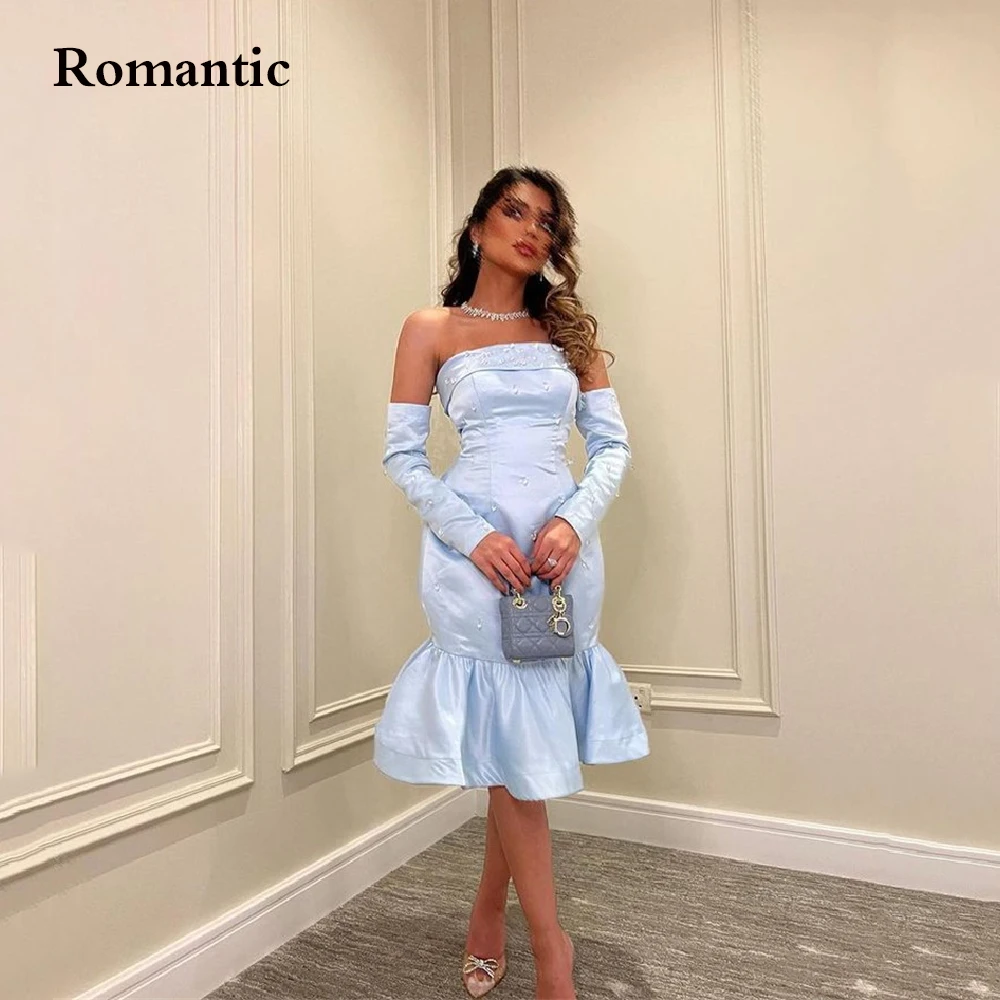 

Romantic Short Evening Dresses Trumpt Sky Blue Satin With Bead Square Collar Attachable Sleeveless Tea Length Formal Prom Gowns