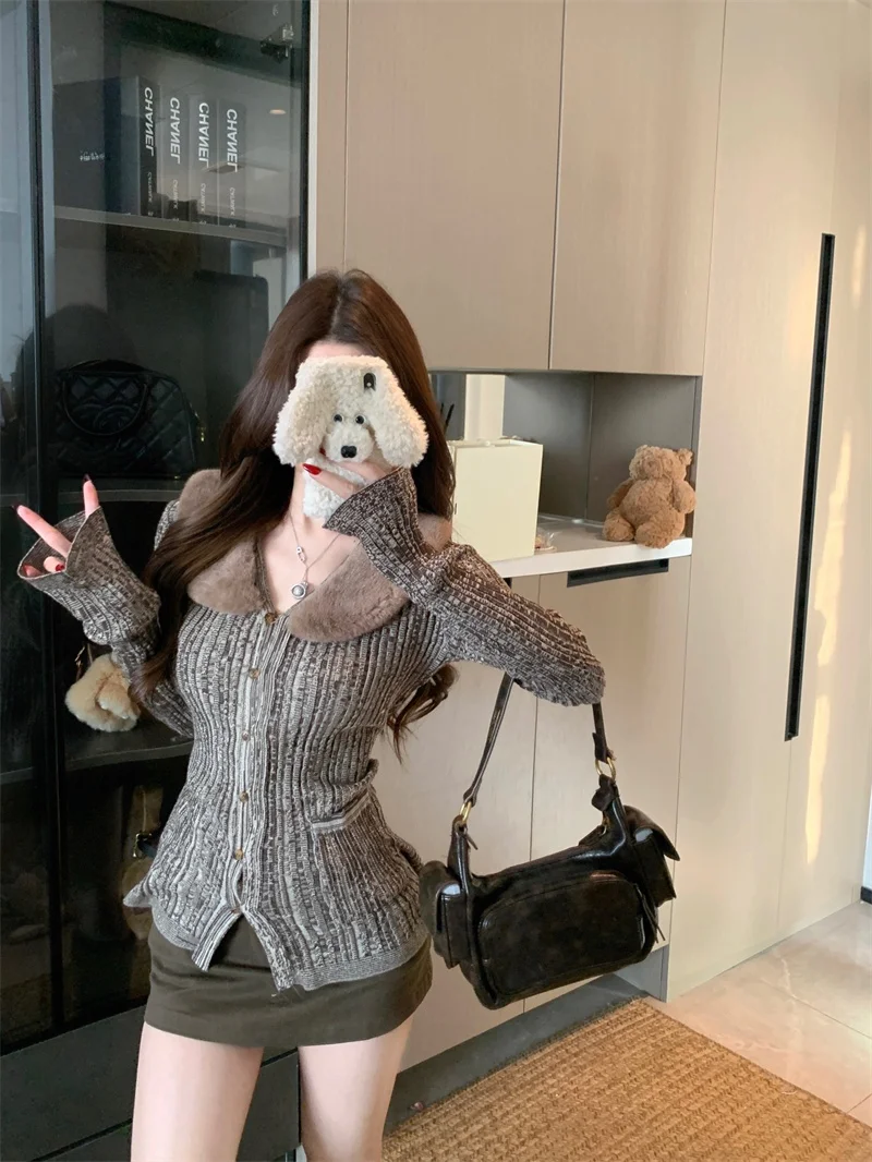 

Retro Coffee Color Knitted Long Sleeve Open Cardigan Women's Slim Fit Sweater Coat Design Sensation Anti Aging Personality Top
