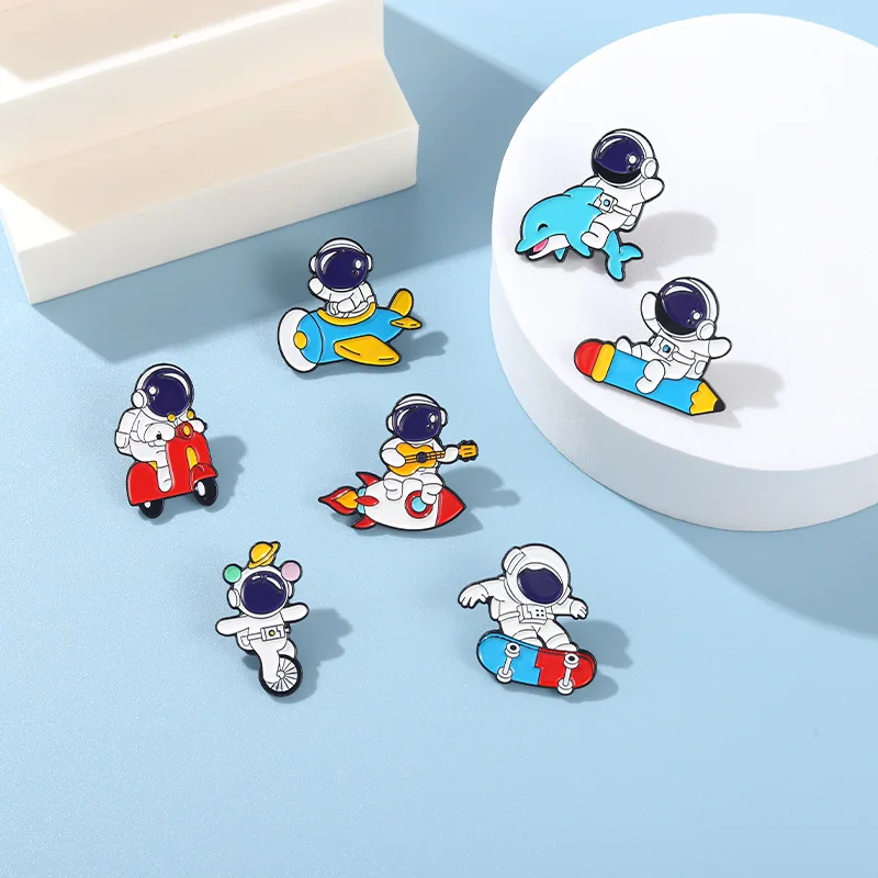 Astronaut Enamel Pin Custom Ocean Surfing Motion Rocket Plane Brooch Bag Badge Childlike Cartoon Jewelry Pins Gift for Kids