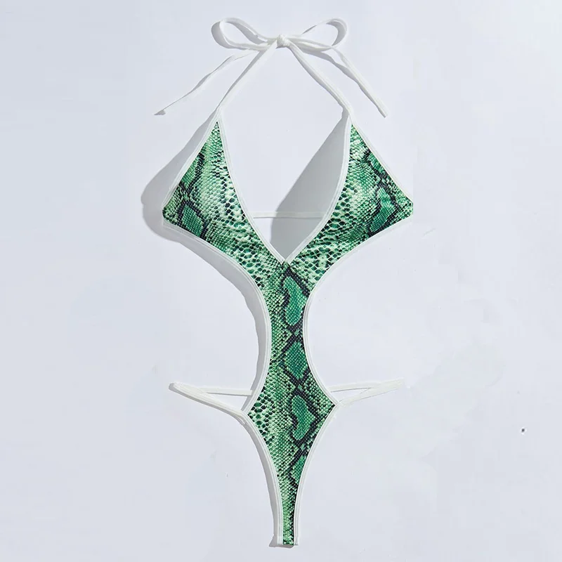 Women Snake Print One Piece Bodysuit Swimsuit Hollow Out Crisscross Strappy Backless Bikini Monokini Sexy Tight Beach Bathing Su