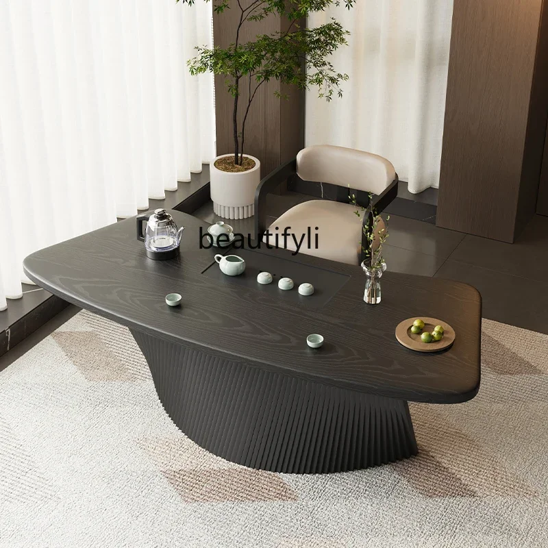 X Light luxury solid wood curved balcony tea table, kettle integrated embedded, office tea table