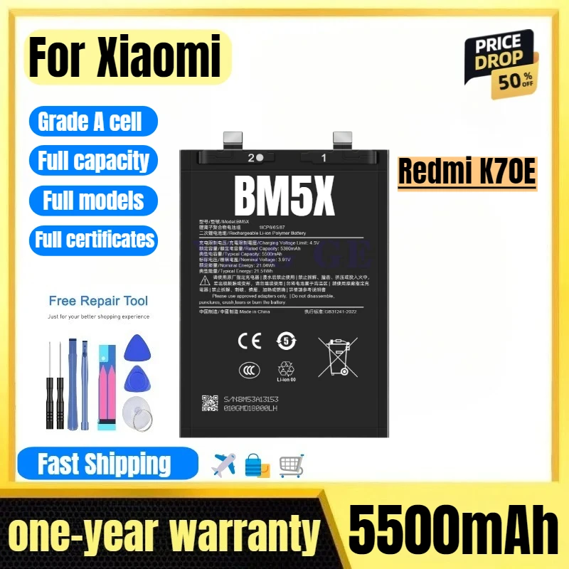 

BM5X for Xiaomi Redmi K70E Mobile Phone Battery High Quality High Capacity Battery Replacement Bateria Grade A Cell with Tools