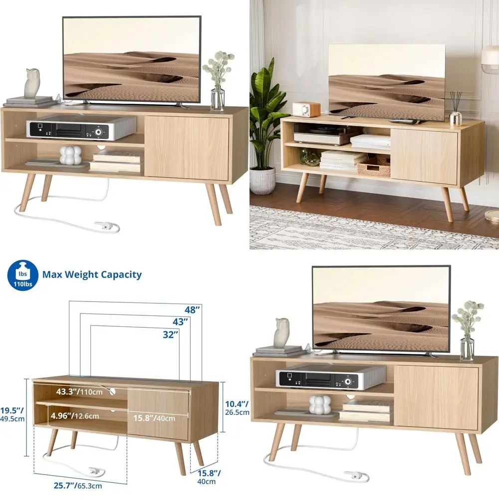 

Тумба под телевизор Mid-Century 48 с местом для хранения и зарядкой, медиаконсоль из дуба для гостиных