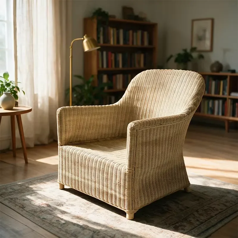 Natural Armchair Wicker Living Room Accent Chair Sturdy Durable Indoor Outdoor Leisure Lounge Chair