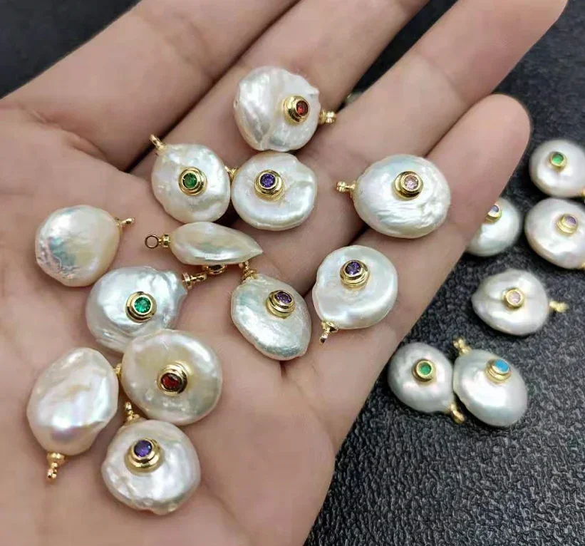 Irregular Round Shape Inlaid CZ Natural White Pearl Beads Charms Pendant Fit Necklace Earrings  Bracelet Woman Jewelry Making