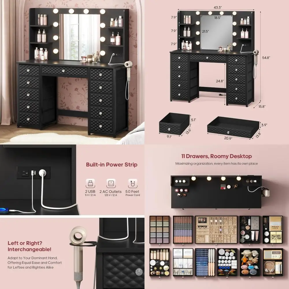 Luxe make-upijdelheid met 11 lades, verlichte spiegel, stekkerdoos en opbergruimte voor kleedkamer