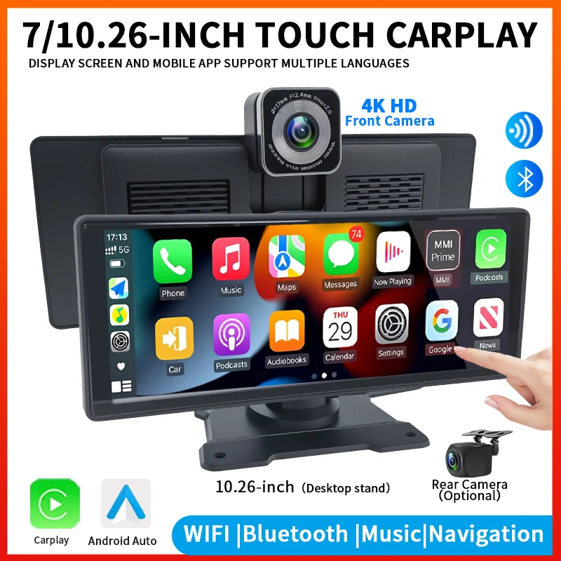 7/10.26" Wireless CarPlay & Android Auto Touch Screen, 4K Front Cam, GPS Nav, Bluetooth, Portable Dashboard Display for All Cars