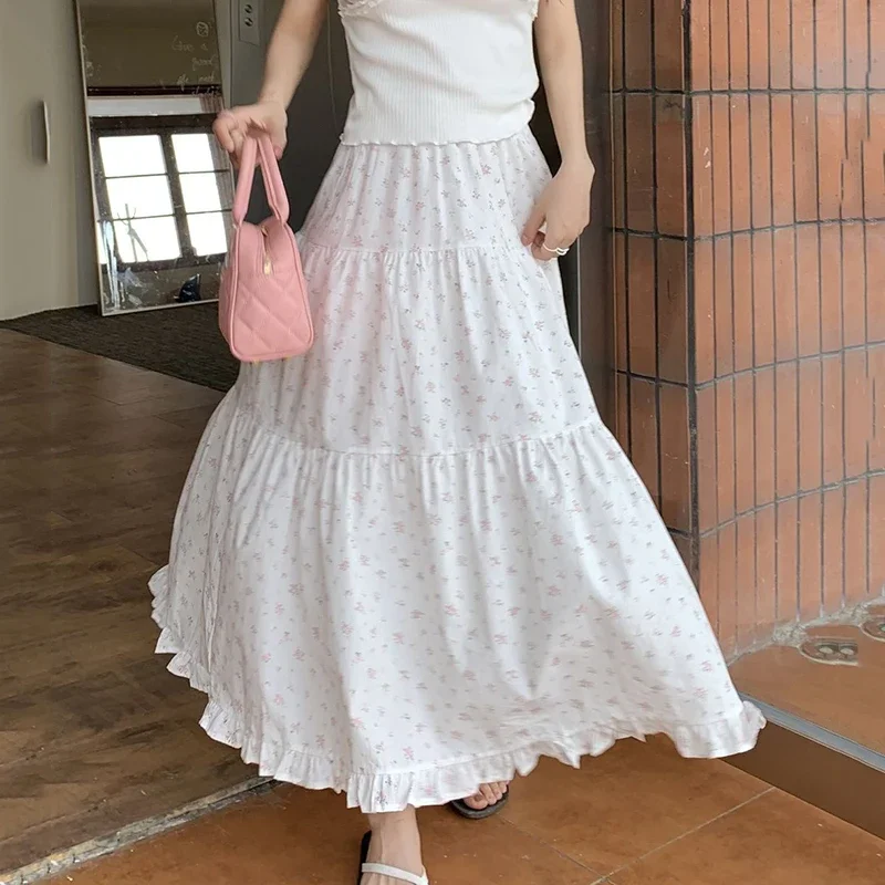 Rimocy 2025 Chic Floral Print White Long Skirts Women Summer Beach Ruffles Pleated Skirts Woman Korean Elastic Waist Midi Skirt