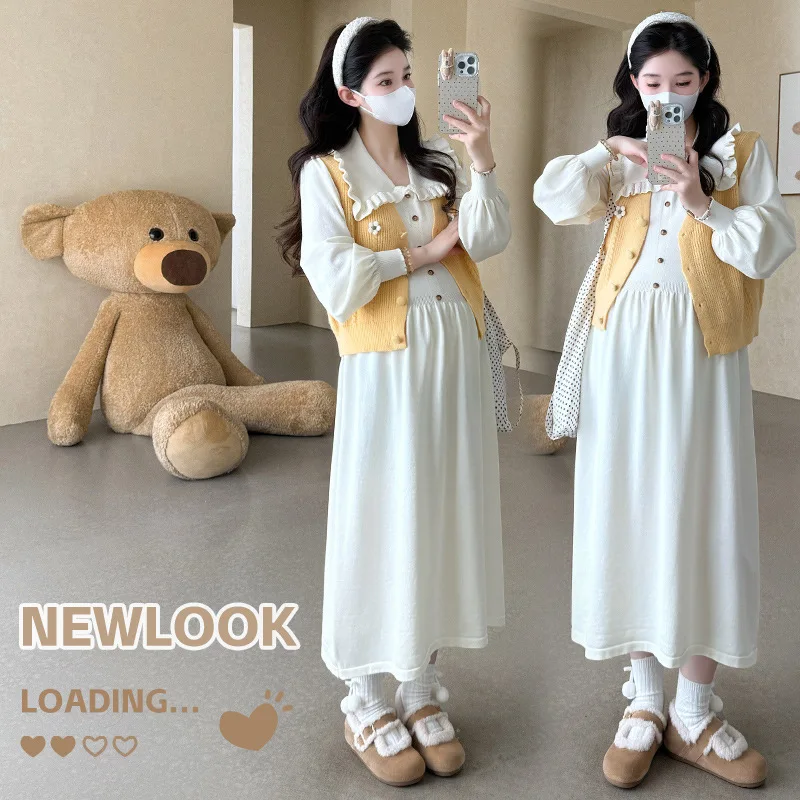 Maternity Suit 2025 Autumn Soft Comfortable Sweet Cute Age Reducing Peter Pan Collar Dress With Flower Yellow Vest Two Piece Set