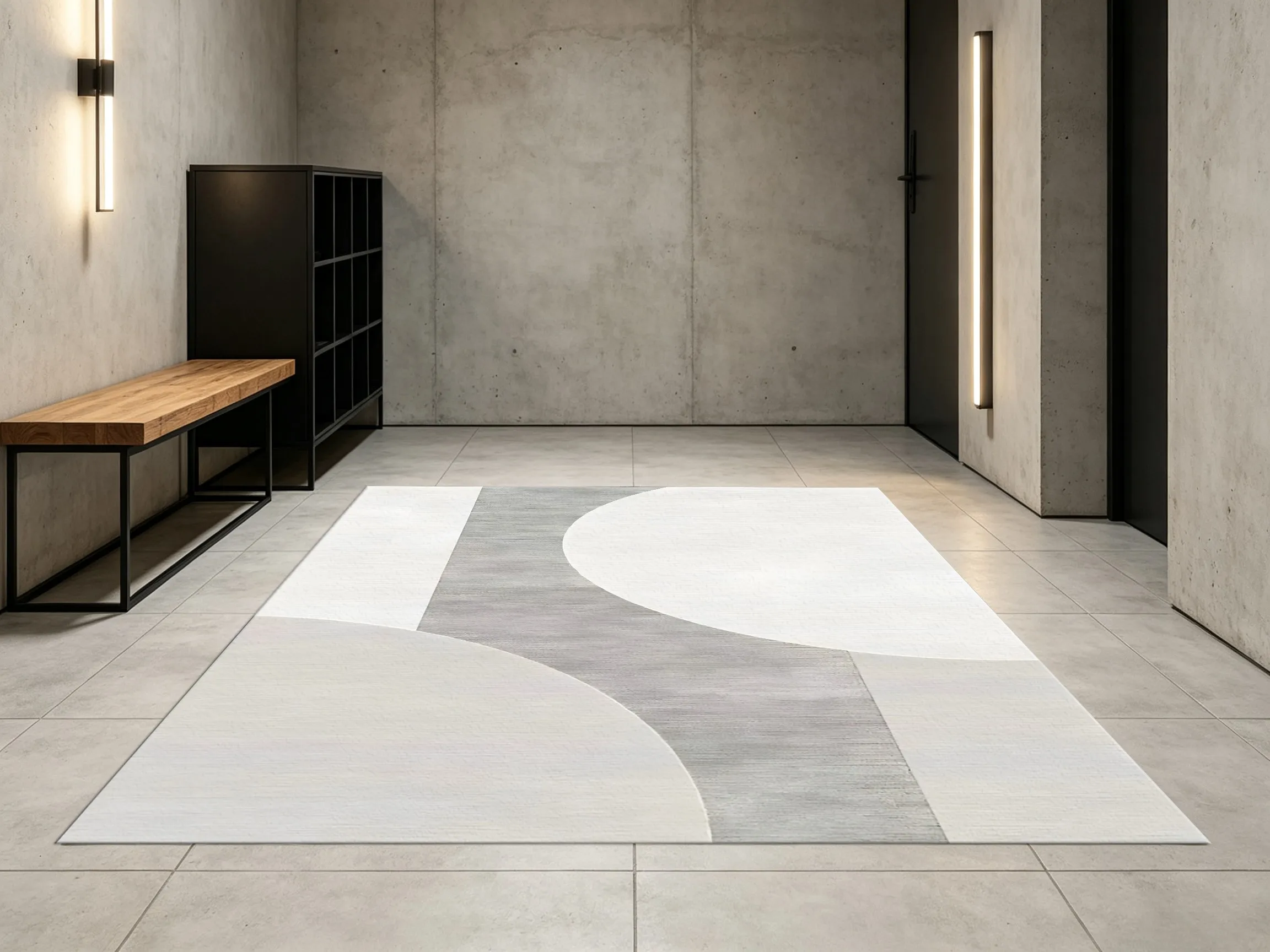 Gray White Curved Geometric Patchwork Velvet Rug, Minimalist Sophisticated Decor for Living Room & Bedroom