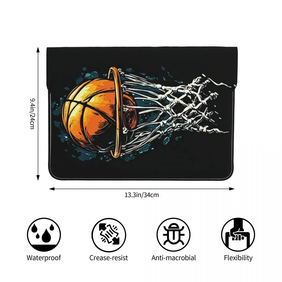 Sporty Basketball Themed PU Leather Horizontal Laptop Sleeve Shockproof Soft Lining Notebook Case 13 Inch