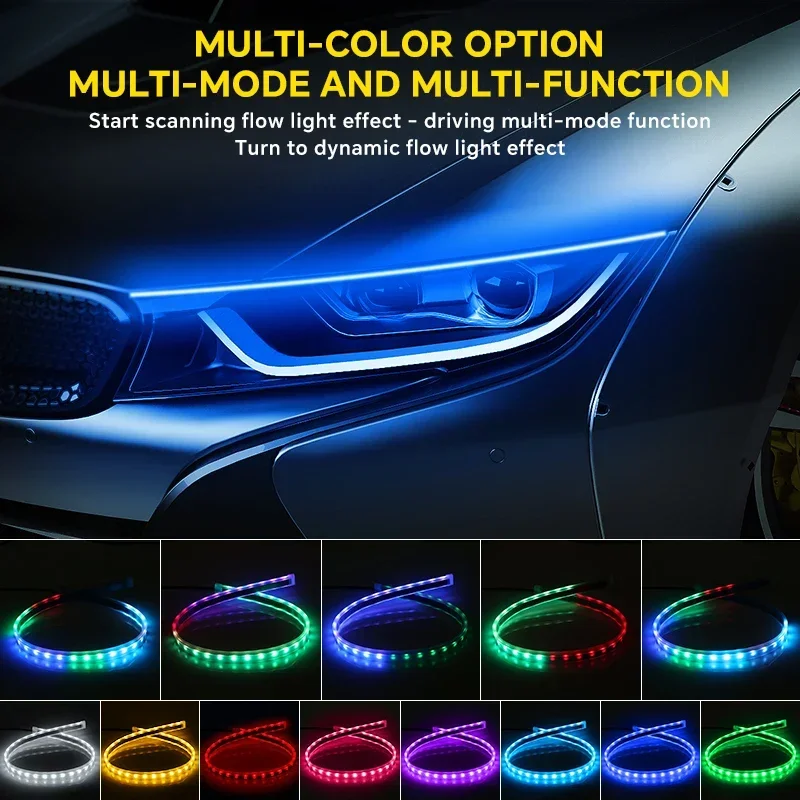 2pcs LED Car Daytime Running Light Flexible RGB Flowing Turn Signal Strip Headlight Decorative Lamp Remote Control Waterproof
