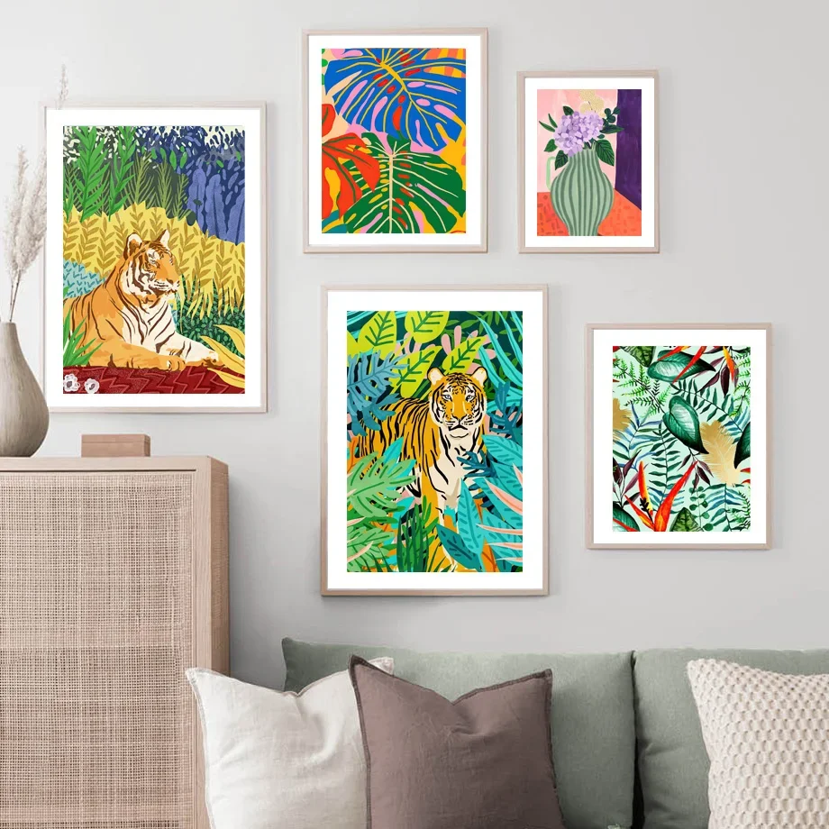 Multiple sizes 1pc frameless Canvas Painting,Colorful Tropical Jungle Wall Art Vibrant Tiger Parrot Toucan Floral Prints Maximal