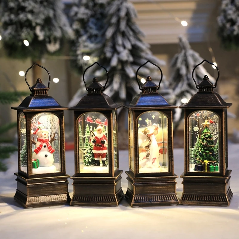 Christmas Glittering Lantern Santa-Claus/Xmas Tree/Snowman/Angel Lighted Lantern Home Table Decoration Gift for Kids