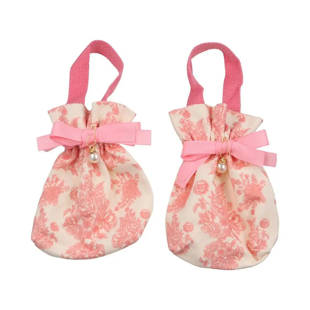 

Pearl Pendant Canvas Floral Drawstring Bag Satin Bow Korean Style Festive Sugar Bag Coin Purse Wallet Bucket Bag